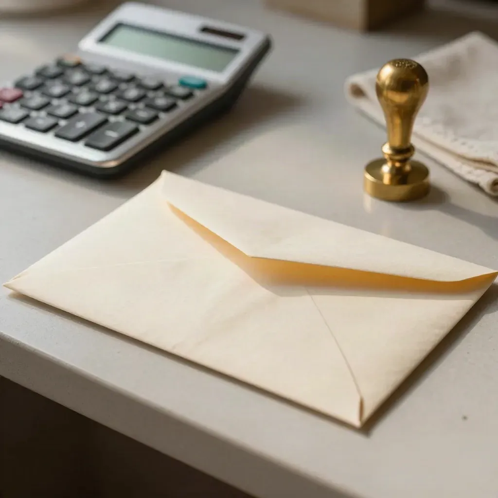 Ivory payment reminder envelope, calculator, brass stamp and folded cloth on a pale plaster desk.