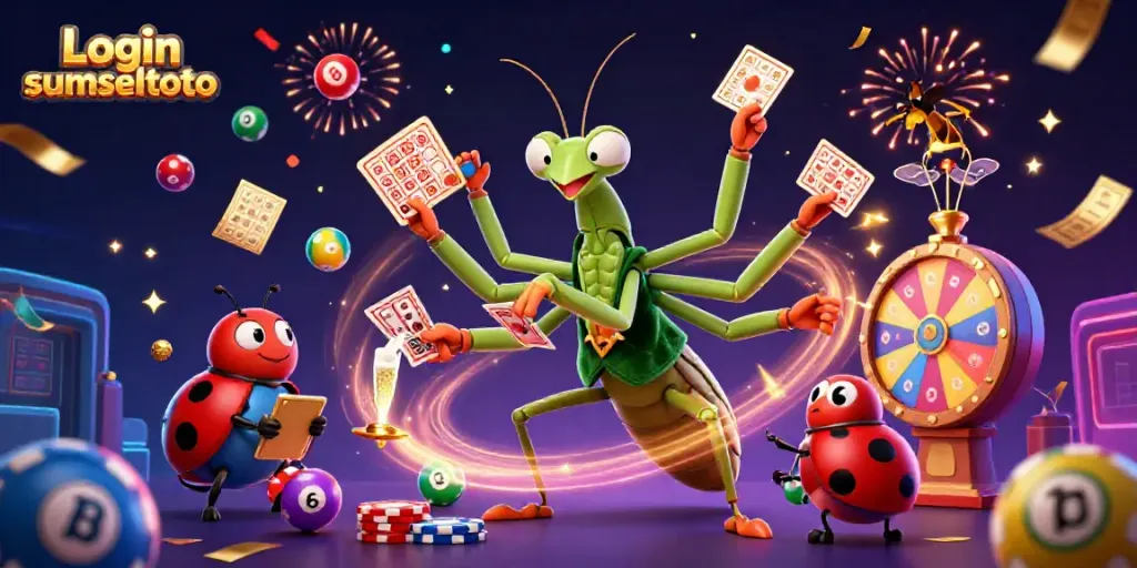 Engage with Login sumseltoto through a vibrant 3D casino scene featuring lively lottery elements.