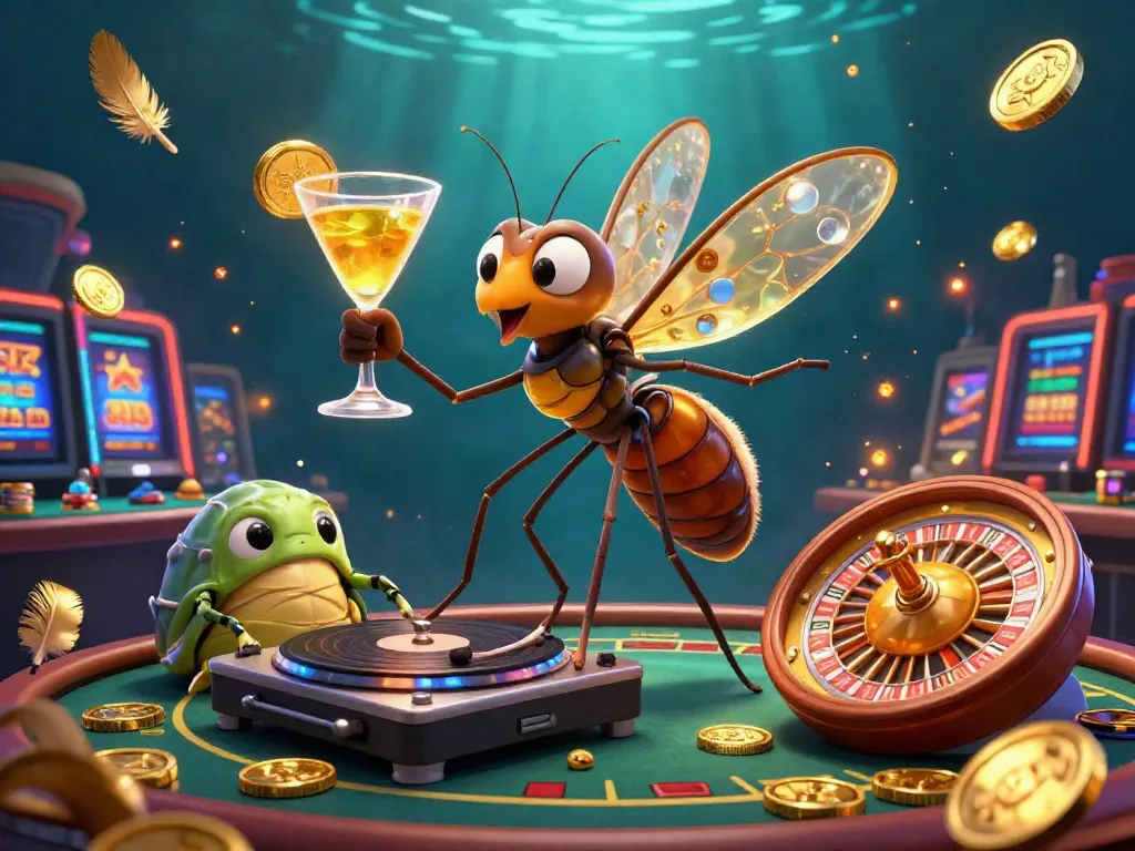 Lode88 casino scene featuring a lively mosquito mascot and trilobite DJ at a roulette wheel.