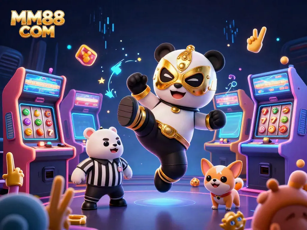 Join the excitement at MM88 COM with a dynamic wrestling panda and cheering crowd in a casino game scene.