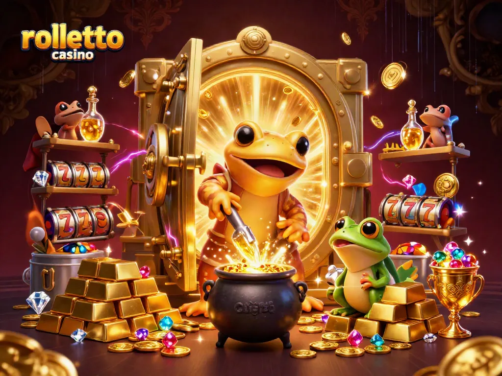 Experience the excitement of rolletto casino with a rich 3D scene of alchemists and gold treasures.