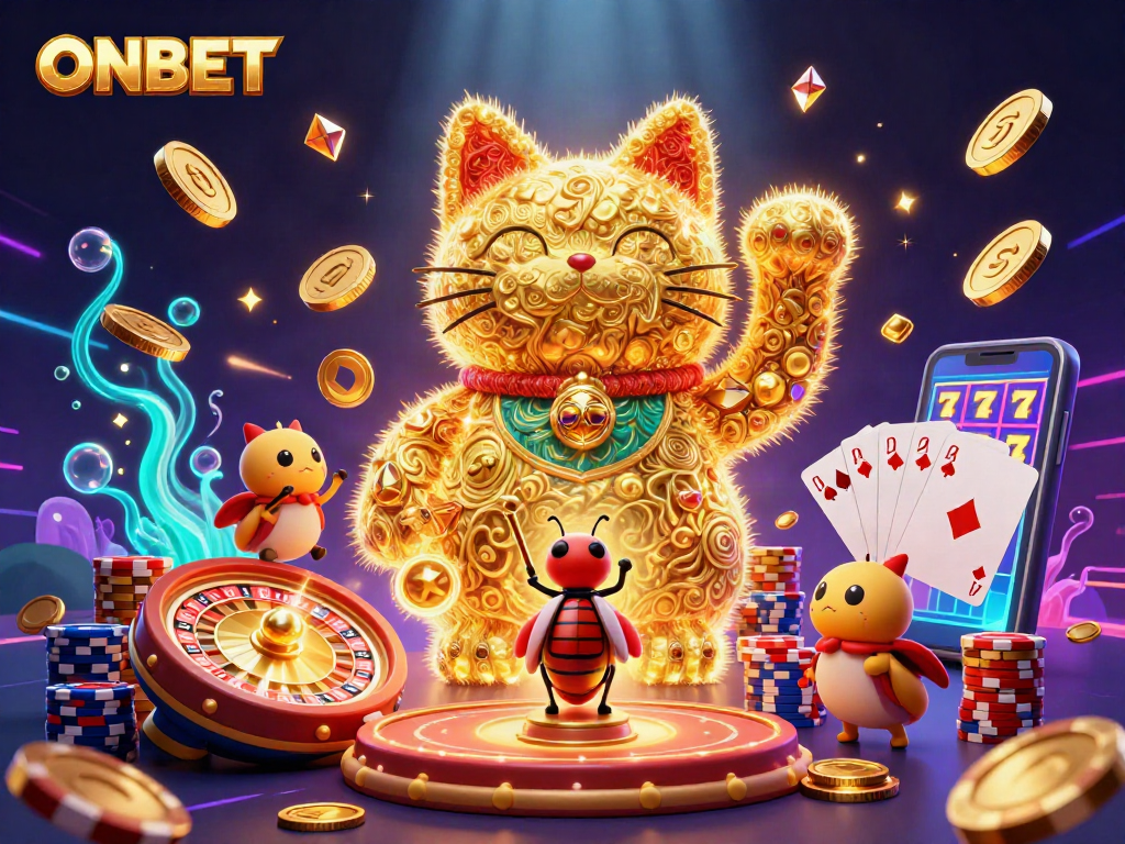 Engage in the vibrant ONBET casino experience with detailed animation of a lucky cat and dazzling casino symbols.