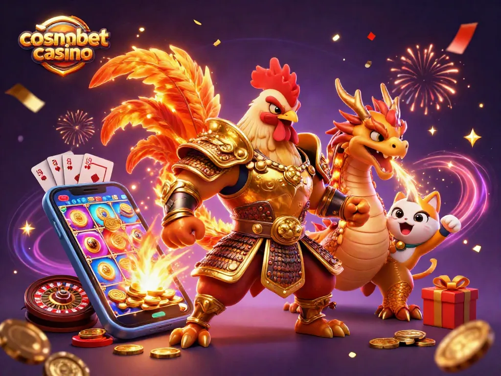 Experience the thrills at cosmobet casino with dynamic gaming scenes featuring warriors and festive elements.