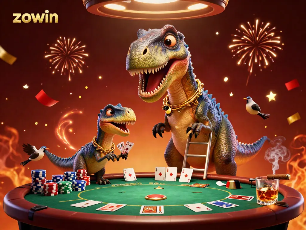 Zowin-themed casino illustration with a dinosaur dealer, colorful poker elements, and festive confetti.