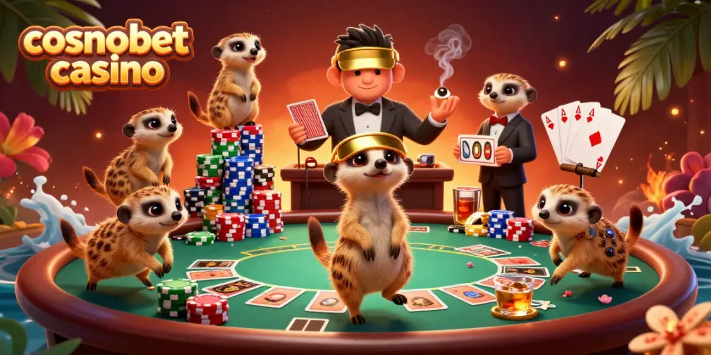 Engage with cosmobet casino through a lively meerkat-themed card game scene filled with action.