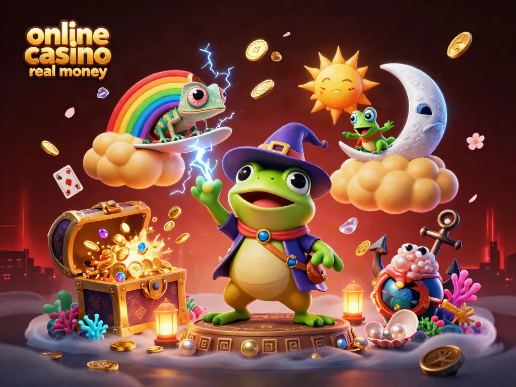 Experience the thrill of online casino real money with a vibrant scene of gaming characters and treasure.