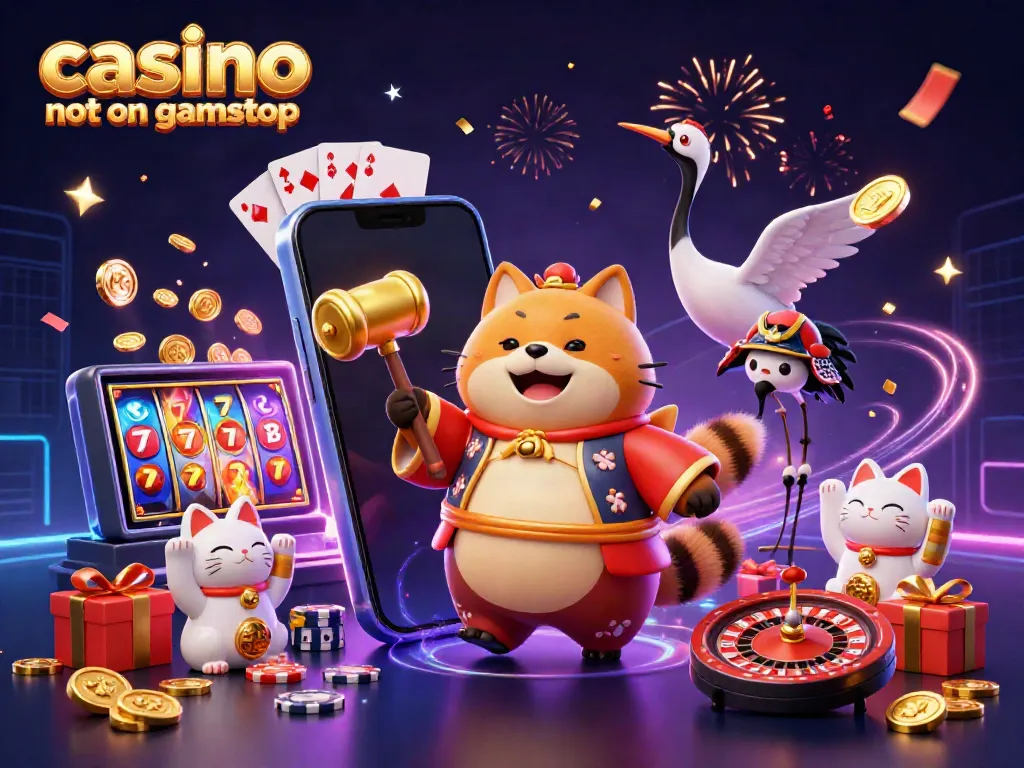Experience excitement at a casino not on gamstop with a cheerful tanuki, crane, and fortune cats.