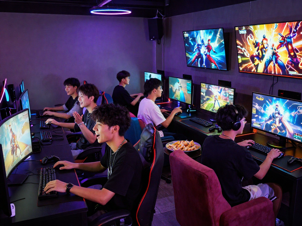 Group of friends enjoying adult games in a lively gaming lounge