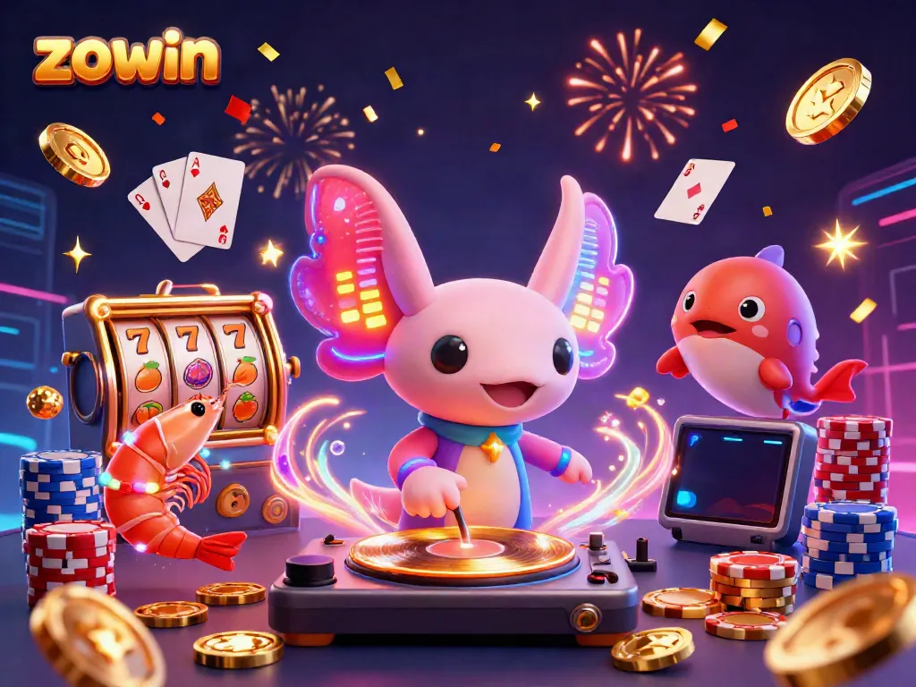 Spin for big wins with zowin-themed slot reels amidst vibrant casino elements and energetic characters.
