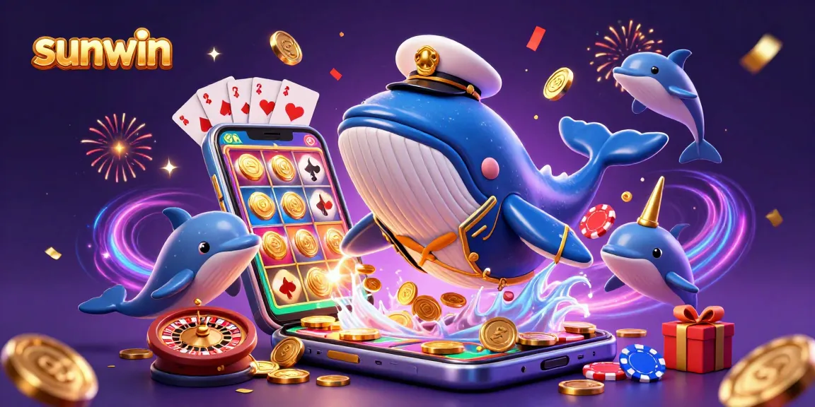 Experience sunwin's exciting gameplay with a 3D whale and casino elements celebrating wins.