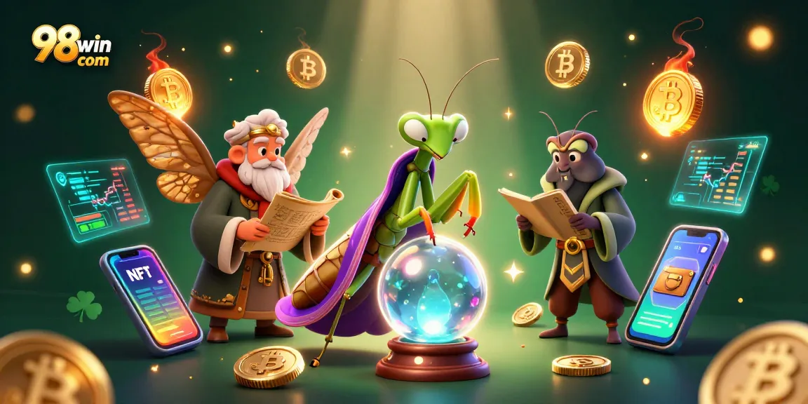 Engaging fortune teller scene at 98win com showcasing characters and crypto elements in a vibrant casino setting.