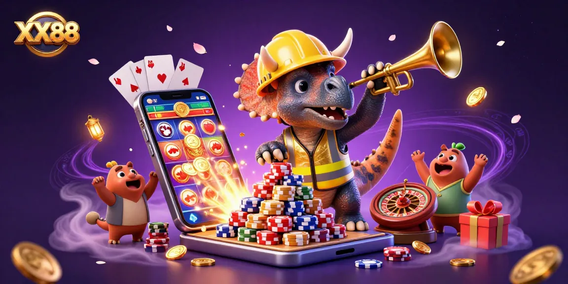 Engage in thrilling gameplay with XX88 as a triceratops builds a poker chip pyramid amidst casino elements.