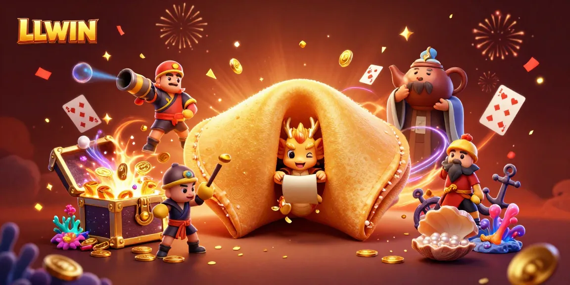 Engage with LLWIN's thrilling gaming experience featuring a golden fortune cookie and wise dragon surrounded by treasures.