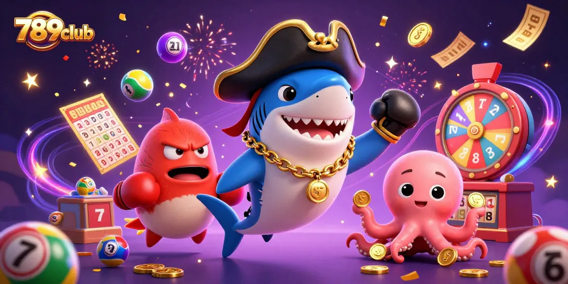 Engage with 789club’s exciting atmosphere featuring animated casino characters celebrating with lottery elements and gold.