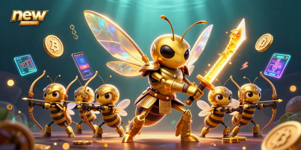 Win big at a new online casino with a dynamic illustration of epic characters and crypto elements.