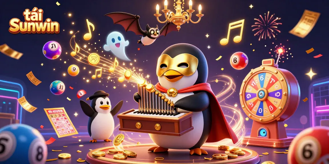 Engage in fun gameplay with tải Sunwin as the penguin plays an organ showering golden coins, surrounded by lottery balls.