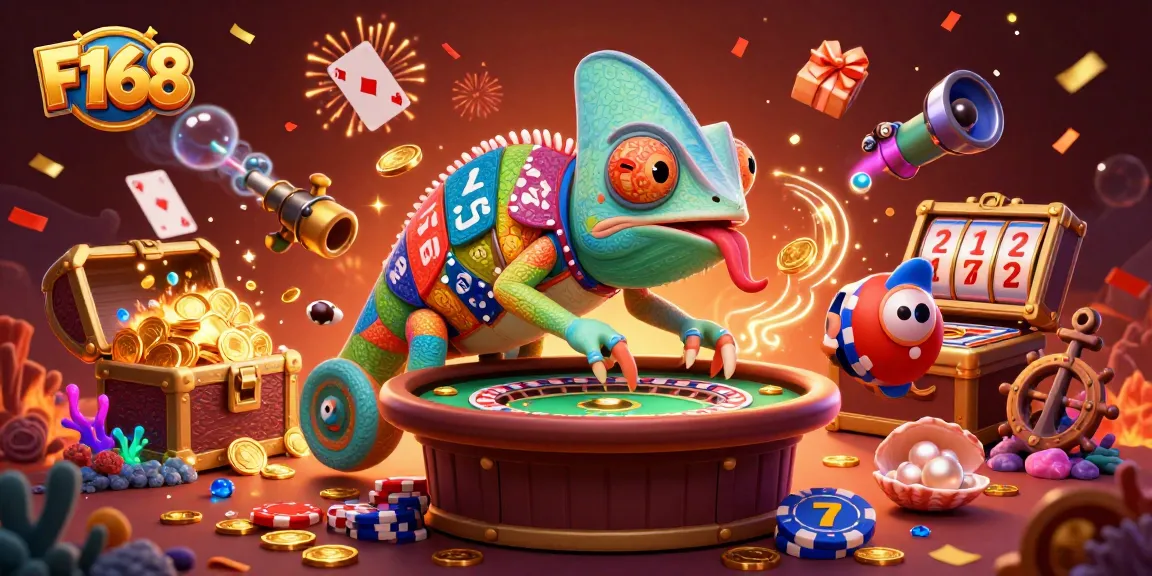 Experience thrilling gameplay at F168 with a vibrant casino scene featuring a colorful chameleon and engaging elements.