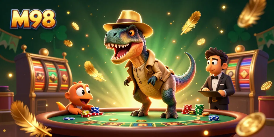 M98 program engages players with lively velociraptor card counter amidst casino excitement, blackjack fun, and thrilling betting action.