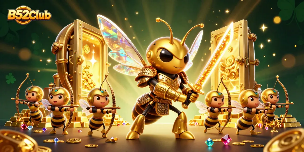 B52Club offers exciting gaming experiences with a golden hornet and treasures displayed lavishly
